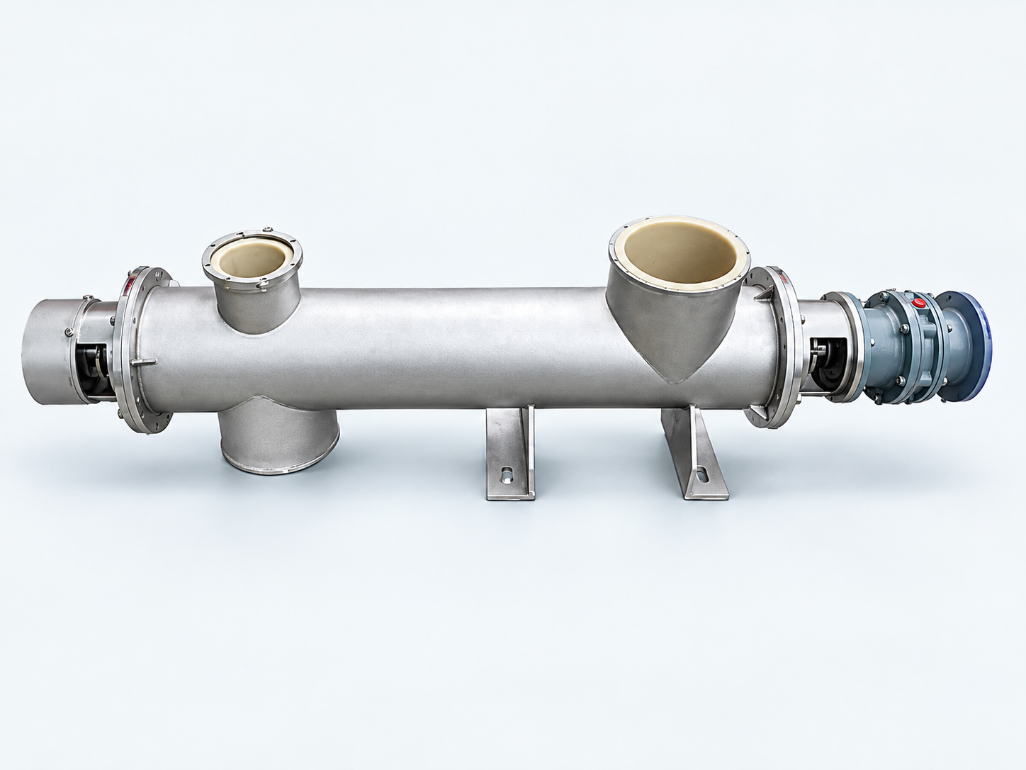 Screw conveyor tube with two inlet ports and end-mounted motor drive